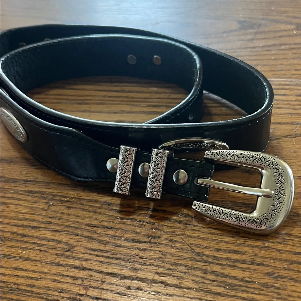 Leather black belt with double buckle silver hardware
